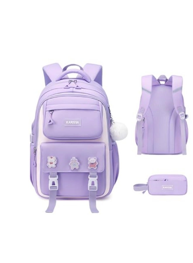 GGEROU Girls Backpack with Pencil BagAesthetic Laptop Backpacks 15.6 Inch Kids Elementary College School Bag Kawaii Large Bookbag Anime Casual Travel Daypack Purple  30*18*43cm - Image 1