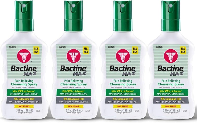 Bactine MAX First Aid Spray Pain Relief Cleansing Spray with 4 Lidocaine Numbing Lidocaine Kills 99 of Germs Pain Itch Relief for Minor Cuts Scrapes Burns Bug Bites 5oz 4 Pack - Image 1