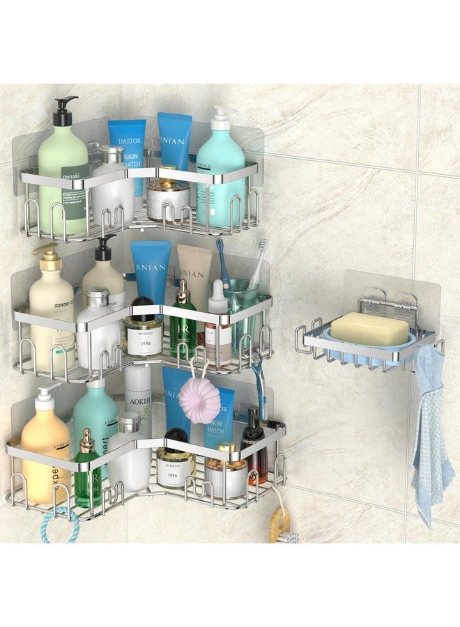 stusgo stusgo 4 Pack Corner Shower Caddy with Soap Holder, Adhesive Shower Shelves No Drilling, Rustproof Stainless Steel Bathroom Shower Organizer with Hooks, Shower Shelf for Inside Shower, Silver  - Image 1