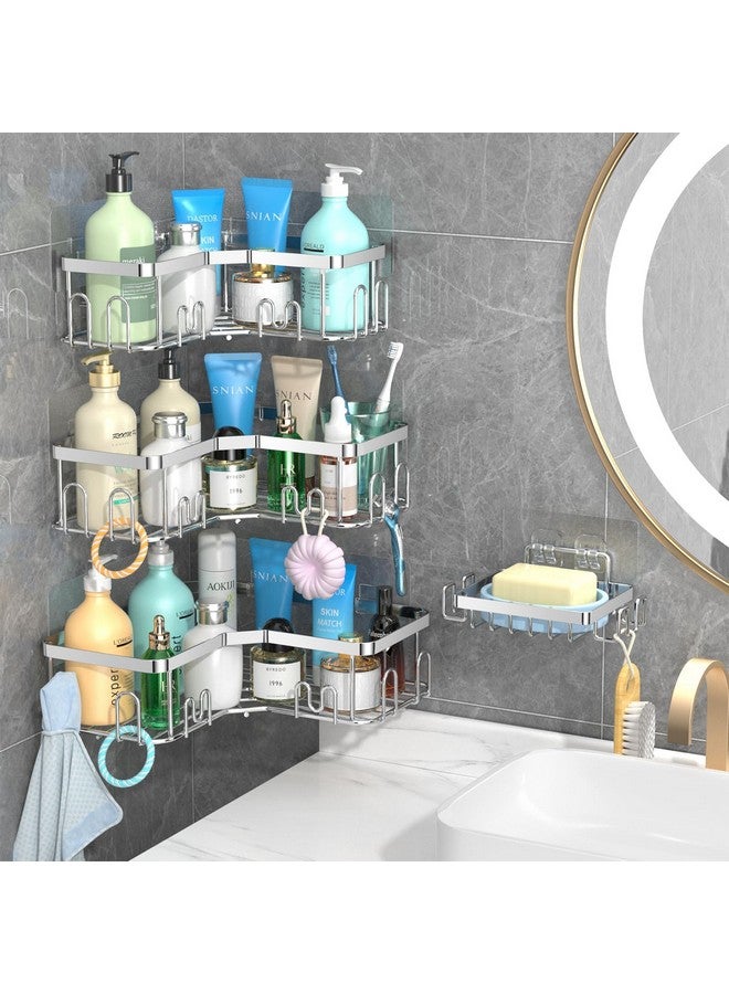 stusgo stusgo 4 Pack Corner Shower Caddy with Soap Holder, Adhesive Shower Shelves No Drilling, Rustproof Stainless Steel Bathroom Shower Organizer with Hooks, Shower Shelf for Inside Shower, Silver  - Image 2