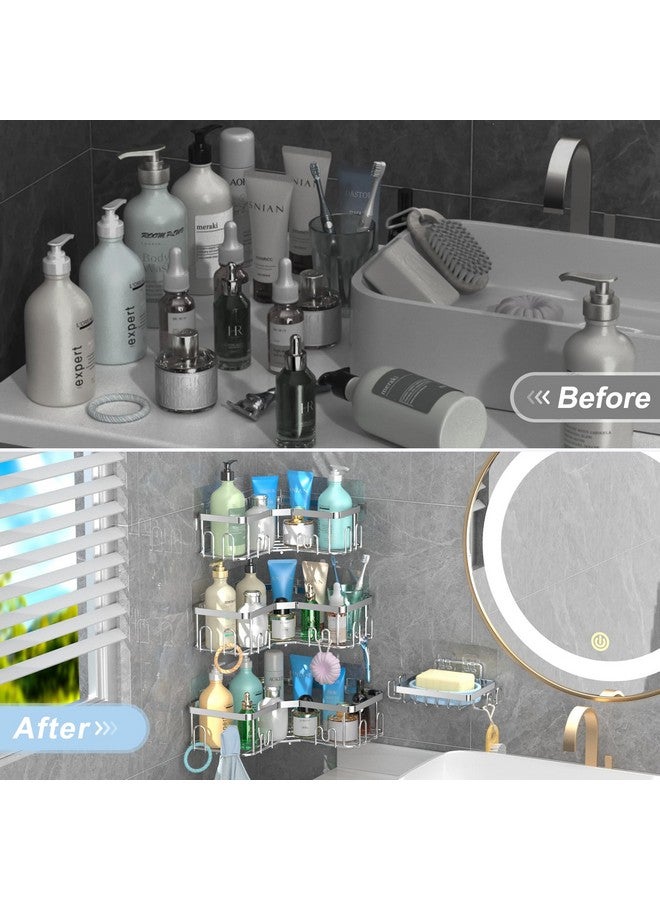 stusgo stusgo 4 Pack Corner Shower Caddy with Soap Holder, Adhesive Shower Shelves No Drilling, Rustproof Stainless Steel Bathroom Shower Organizer with Hooks, Shower Shelf for Inside Shower, Silver  - Image 5