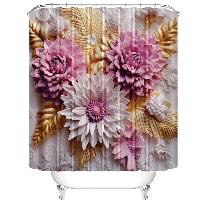 Chrainy 4Pcs 3D Floral Shower Curtain Sets Elegant Pink and White Blossom Flowers Bathroom Accessories Set Modern Minimalism Waterproof Spring Bathroom Decor with Rugs and 12 Hooks - Image 3