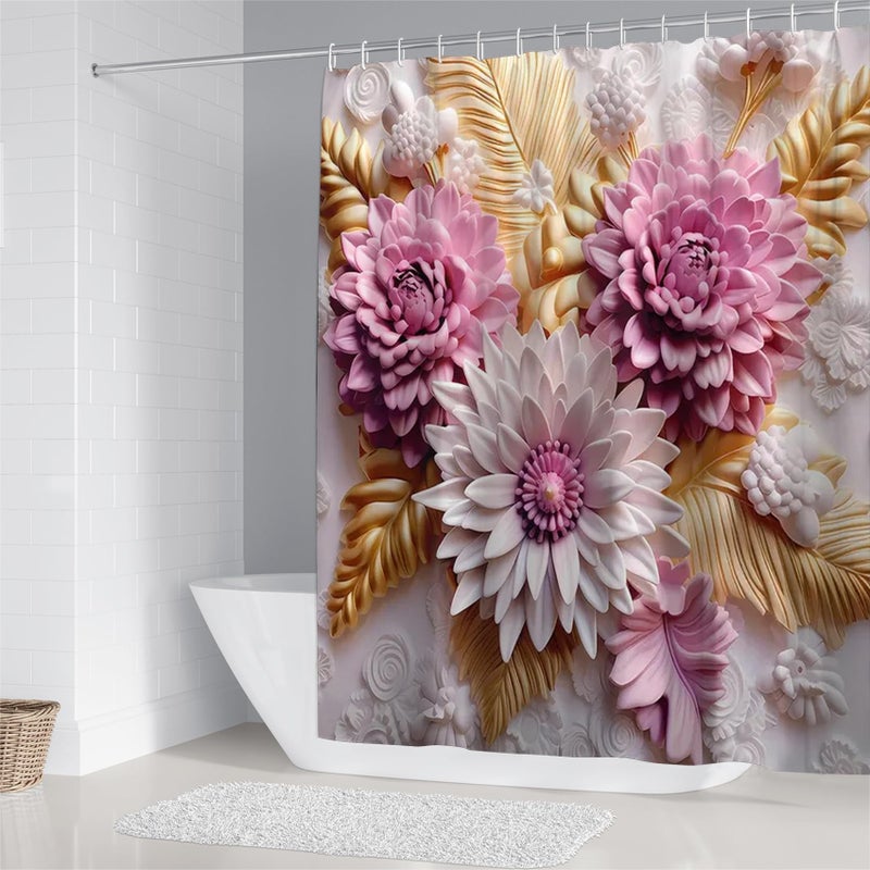 Chrainy 4Pcs 3D Floral Shower Curtain Sets Elegant Pink and White Blossom Flowers Bathroom Accessories Set Modern Minimalism Waterproof Spring Bathroom Decor with Rugs and 12 Hooks - Image 2