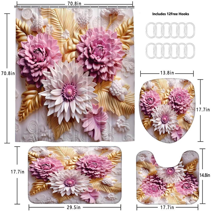 Chrainy 4Pcs 3D Floral Shower Curtain Sets Elegant Pink and White Blossom Flowers Bathroom Accessories Set Modern Minimalism Waterproof Spring Bathroom Decor with Rugs and 12 Hooks - Image 5