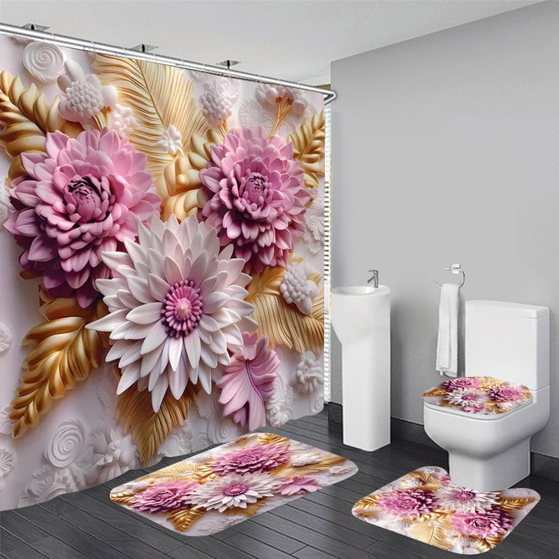 Chrainy 4Pcs 3D Floral Shower Curtain Sets Elegant Pink and White Blossom Flowers Bathroom Accessories Set Modern Minimalism Waterproof Spring Bathroom Decor with Rugs and 12 Hooks - Image 1