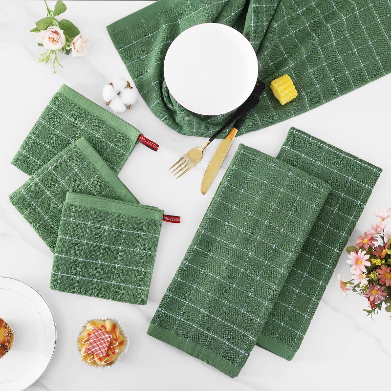 Homaxy Kitchen Towels and Dishcloths Set, 12 x 12 and 13 x 28 Inches, Set of 8 Bulk Cotton Terry Kitchen Towels Set, Checkered Designed, Soft and Super Absorbent Dish Towels, Grass Green - Image 2