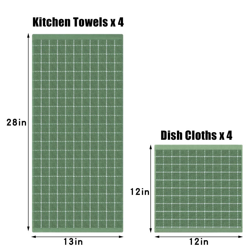 Homaxy Kitchen Towels and Dishcloths Set, 12 x 12 and 13 x 28 Inches, Set of 8 Bulk Cotton Terry Kitchen Towels Set, Checkered Designed, Soft and Super Absorbent Dish Towels, Grass Green - Image 5