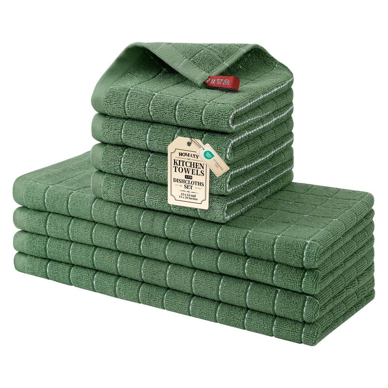 Homaxy Kitchen Towels and Dishcloths Set, 12 x 12 and 13 x 28 Inches, Set of 8 Bulk Cotton Terry Kitchen Towels Set, Checkered Designed, Soft and Super Absorbent Dish Towels, Grass Green - Image 1