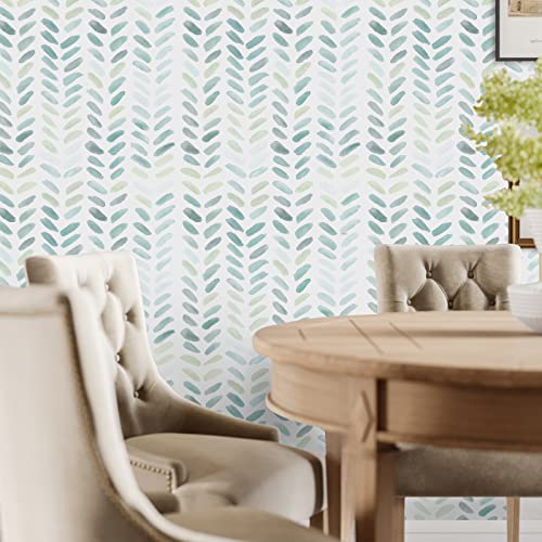 Sevalo Green and White Wallpaper Peel and Stick Wallpaper Boho17.3inW 393inL Contact Paper for Cabinets Green Herringbone Contact Paper Self-Adhesive Removable Bedroom Bathroom Waterproof Teal Kids - Image 2