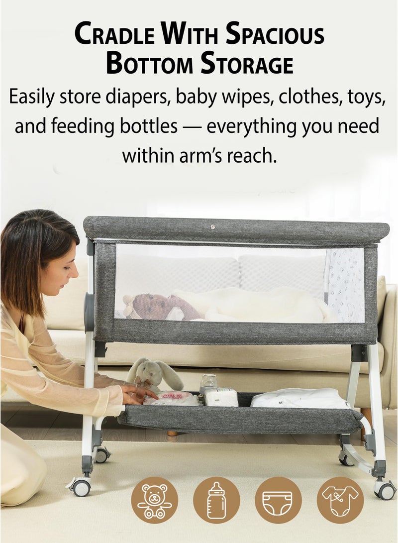 4-in-1 Baby Bassinet Bedside Sleeper with 6 Adjustable Heights, Rocking Cradle Mode, 360° Lockable Wheels, Storage Basket, Washable Mattress, Breathable Mesh, and Mosquito Net – Portable Foldable Co-Sleeper Crib for Newborns & Infants Cot(0–15kg)