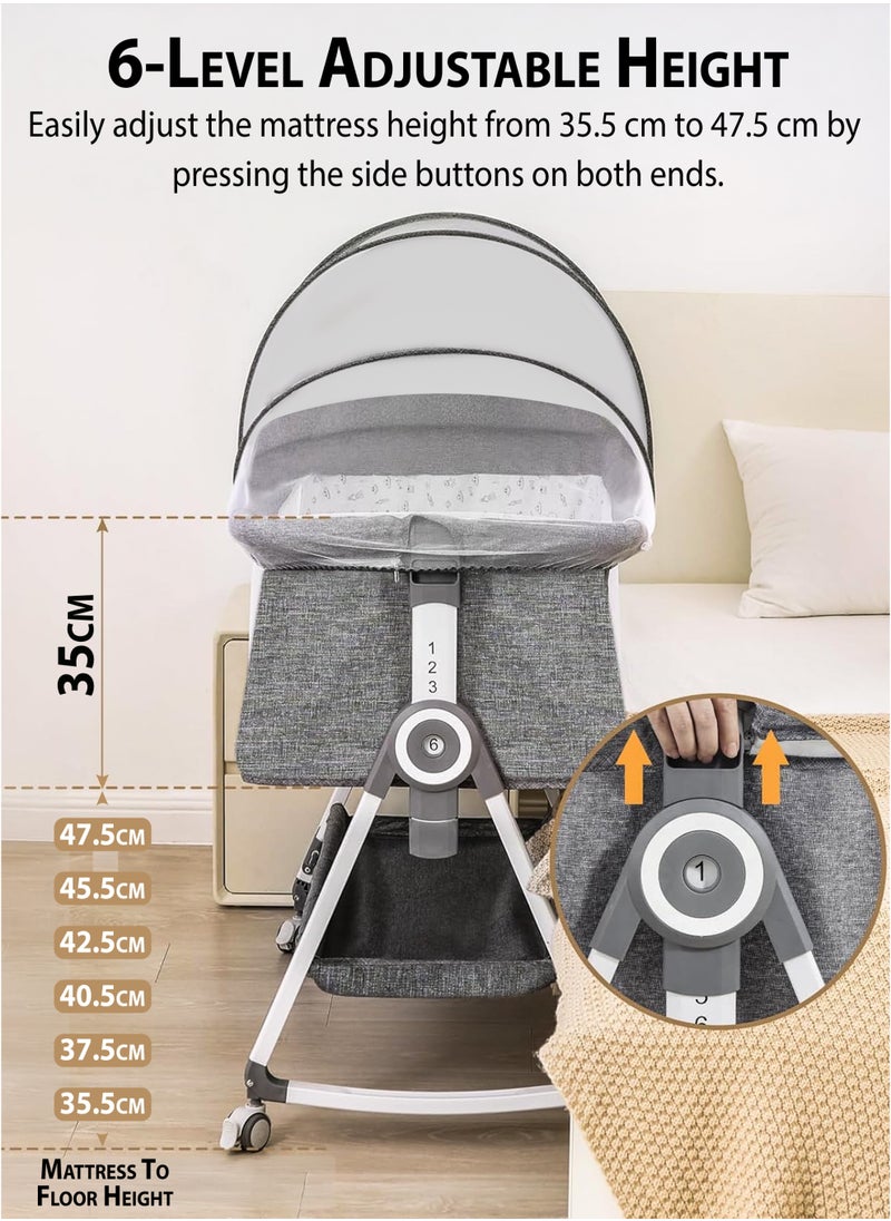 Toshionics 4-in-1 Baby Bassinet Bedside Sleeper with 6 Adjustable Heights, Rocking Cradle Mode, 360° Lockable Wheels, Storage Basket, Washable Mattress, Breathable Mesh, and Mosquito Net – Portable Foldable Co-Sleeper Crib for Newborns & Infants Cot(0–15kg)  - Image 2
