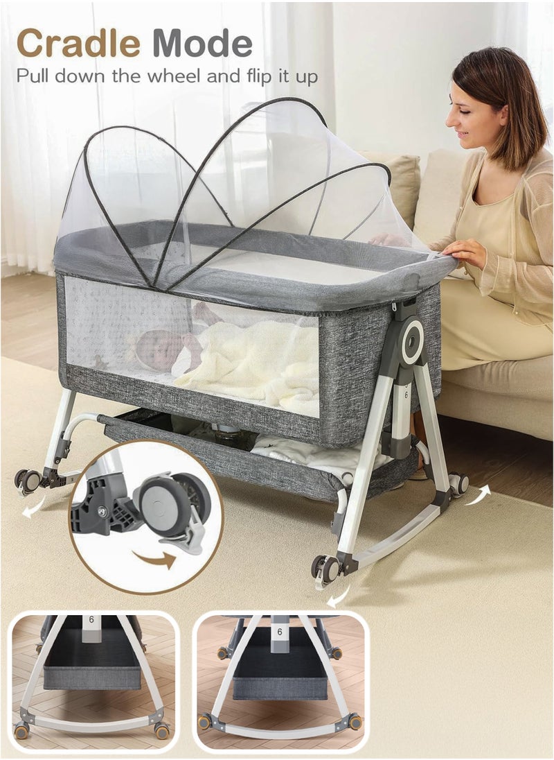 Toshionics 4-in-1 Baby Bassinet Bedside Sleeper with 6 Adjustable Heights, Rocking Cradle Mode, 360° Lockable Wheels, Storage Basket, Washable Mattress, Breathable Mesh, and Mosquito Net – Portable Foldable Co-Sleeper Crib for Newborns & Infants Cot(0–15kg)  - Image 3