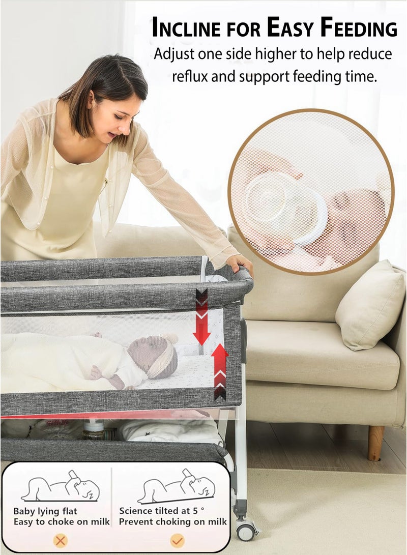 4-in-1 Baby Bassinet Bedside Sleeper with 6 Adjustable Heights, Rocking Cradle Mode, 360° Lockable Wheels, Storage Basket, Washable Mattress, Breathable Mesh, and Mosquito Net – Portable Foldable Co-Sleeper Crib for Newborns & Infants Cot(0–15kg)
