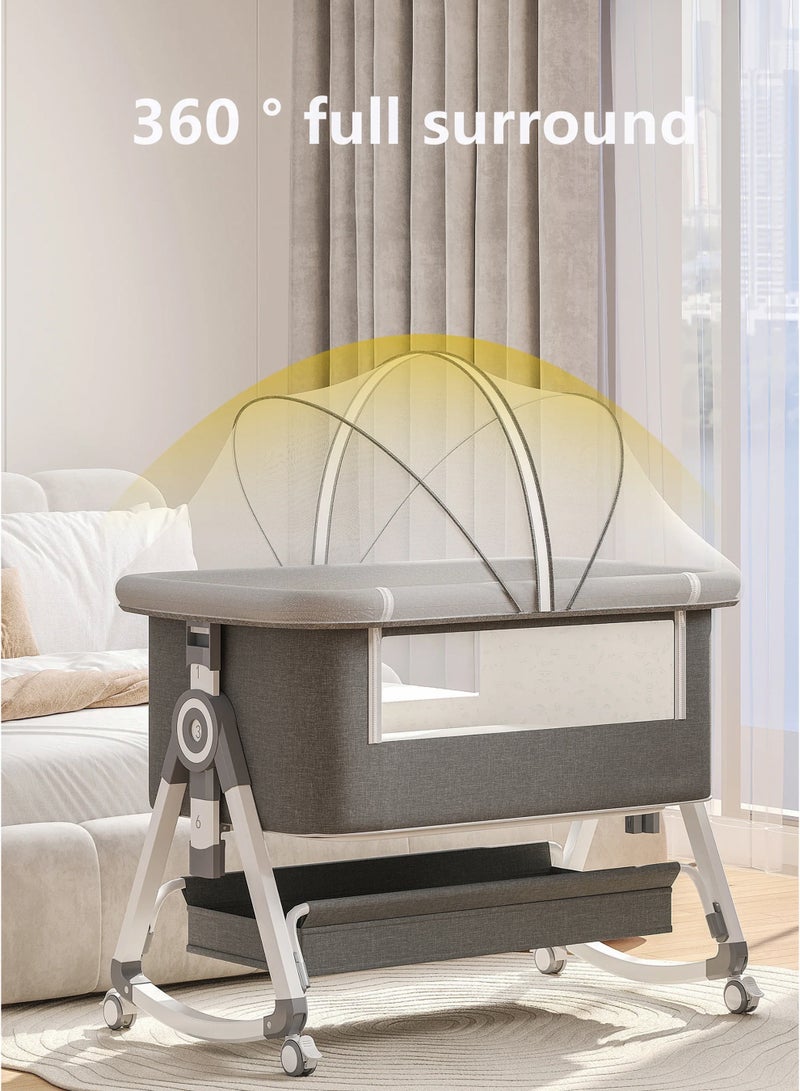 4-in-1 Baby Bassinet Bedside Sleeper with 6 Adjustable Heights, Rocking Cradle Mode, 360° Lockable Wheels, Storage Basket, Washable Mattress, Breathable Mesh, and Mosquito Net – Portable Foldable Co-Sleeper Crib for Newborns & Infants Cot(0–15kg)