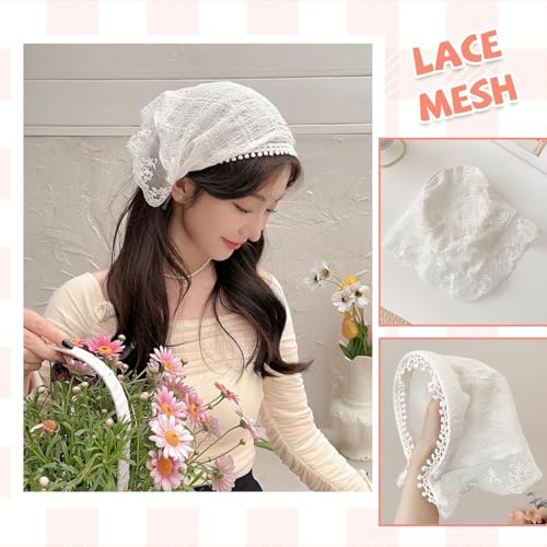 MAYCREATE® Hair Scarf for Women Stylish 2 Pcs Sweet Lace Hair Band for Girls Kids Bandana Scarf Lovely White Lace Headband Pink Plaid Bow accessories for Girls headband Bandanas Headpieces - Image 4
