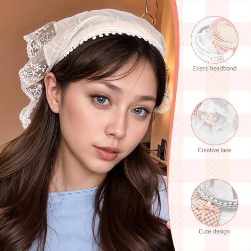 MAYCREATE® Hair Scarf for Women Stylish 2 Pcs Sweet Lace Hair Band for Girls Kids Bandana Scarf Lovely White Lace Headband Pink Plaid Bow accessories for Girls headband Bandanas Headpieces - Image 3