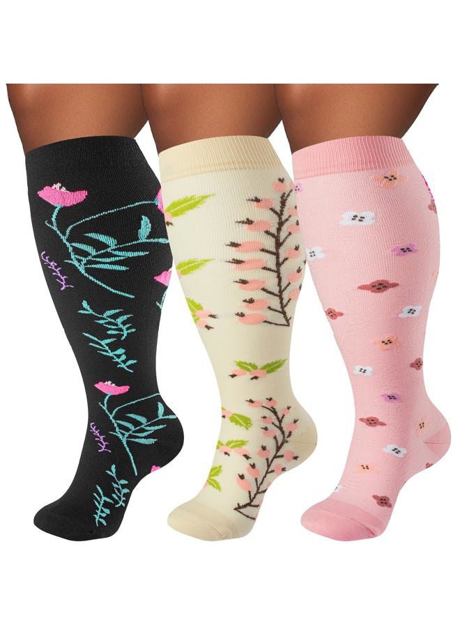 FOFLORA Plus Size Compression Socks for Women & Men 3 Pairs, Wide Calf Extra Large 20-30 mmHg Knee High Support Socks for Travel, Running, Nurse - Image 1