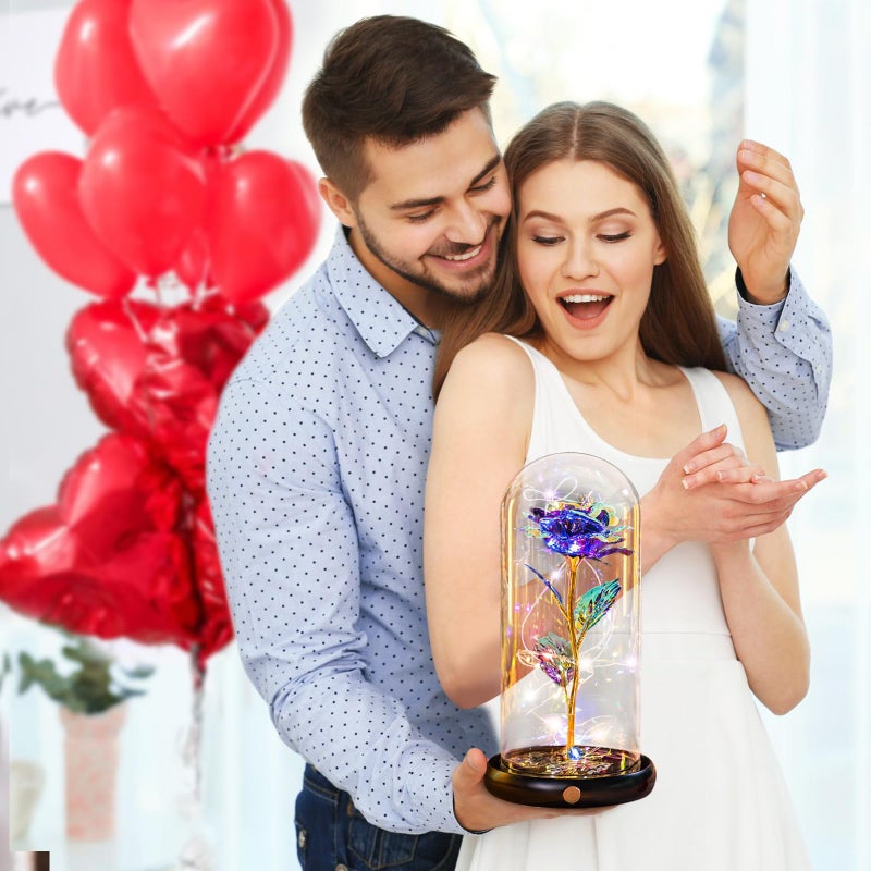 Pusuny Valentines Day Rose Gifts for Her Women Birthday Gift Rechargeable Galaxy Glass Rose in Glass Dome Forever Crystal Rose Flower Anniversary Valentine Gifts for Women Daughter Mom Wife Girlfriend Purple - Image 3