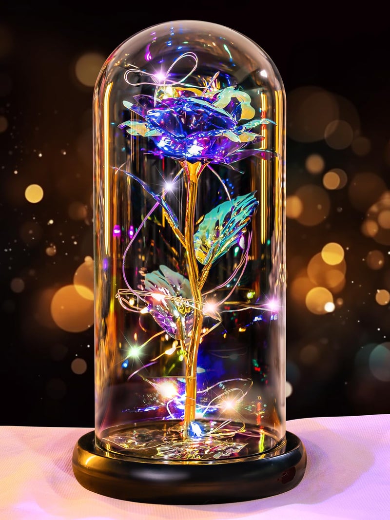 Pusuny Valentines Day Rose Gifts for Her Women Birthday Gift Rechargeable Galaxy Glass Rose in Glass Dome Forever Crystal Rose Flower Anniversary Valentine Gifts for Women Daughter Mom Wife Girlfriend Purple - Image 1