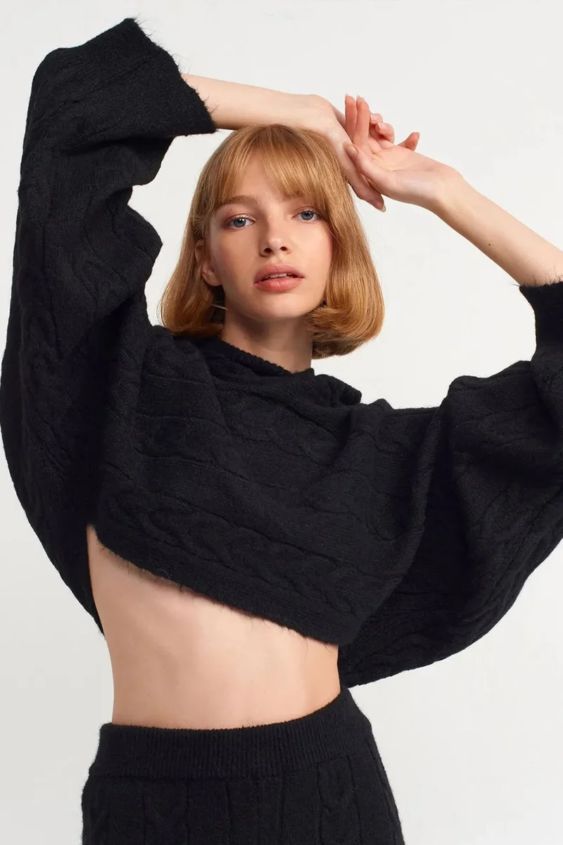 DILVIN Oversized Cable Knit Crop Hooded Sweater