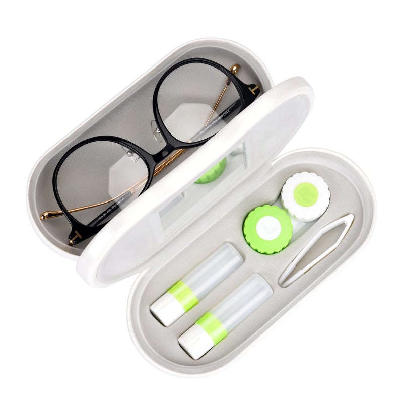 Muf 2 in 1 Double Sided Portable Contact Lens Case and Eyeglasses Case,Dual Use Design with Built-in Mirror, Tweezer and Contact Lens Solution Bottle Included for Travel Kit,Pearl White - Image 1