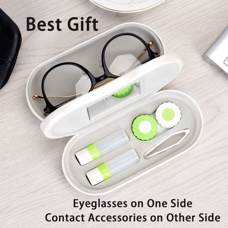 Muf 2 in 1 Double Sided Portable Contact Lens Case and Eyeglasses Case,Dual Use Design with Built-in Mirror, Tweezer and Contact Lens Solution Bottle Included for Travel Kit,Pearl White - Image 4