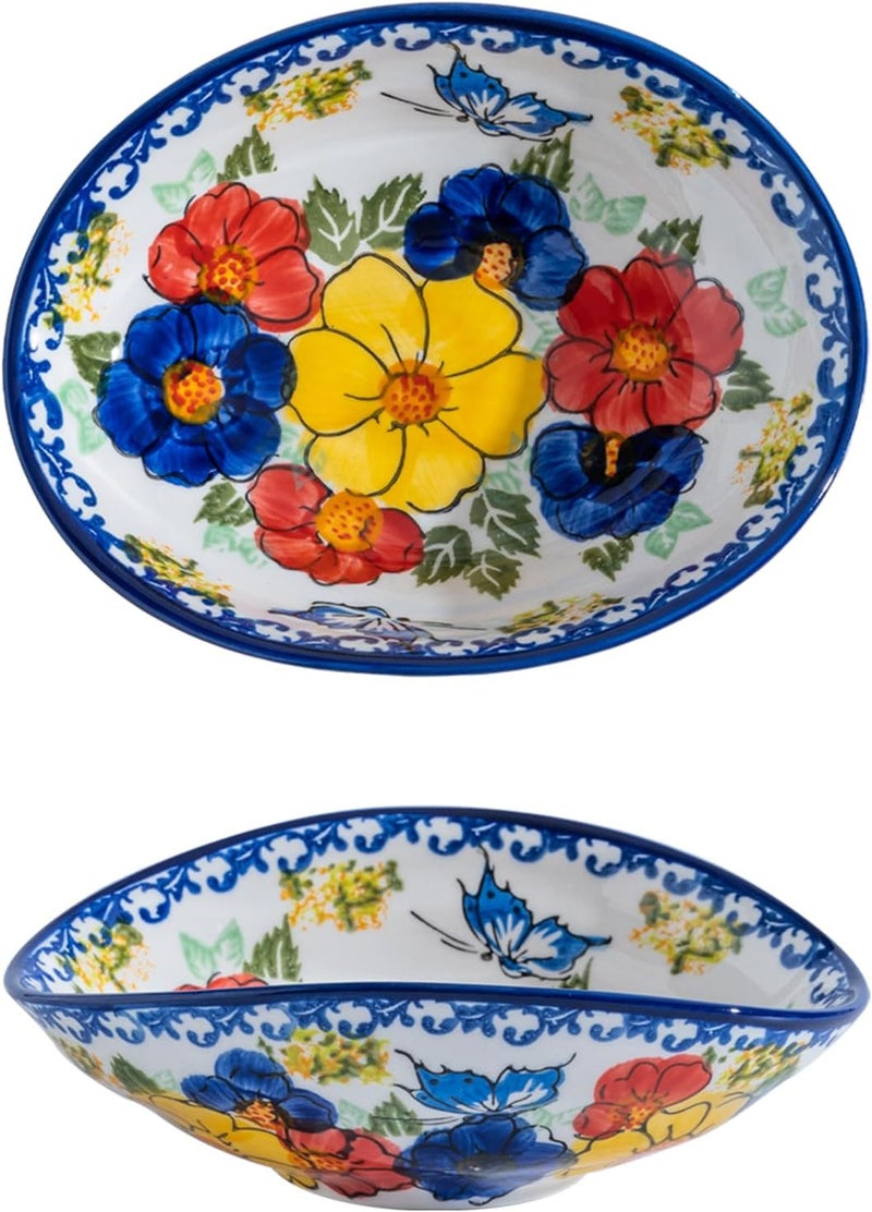 ALMA Handpainted Oval Serving Bowl for HolidaysCurved Edged Serving Dish in Polish Pottery StyleSide DishesIdeal Decoration for Dinner PartiesKitchen Table and Birthday GiftBloom Garden Theme - Image 1