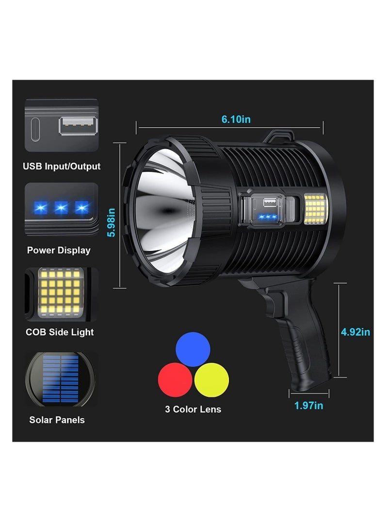 Barakah Rechargeable Spotlight, 100000 Lumens Led Spot Lights Handheld Large Flashlight Super Bright Outdoor Solar Spotlights Searchlight with Cob Light, 6 Modes, IPX5 Waterproof (Black) - Image 3