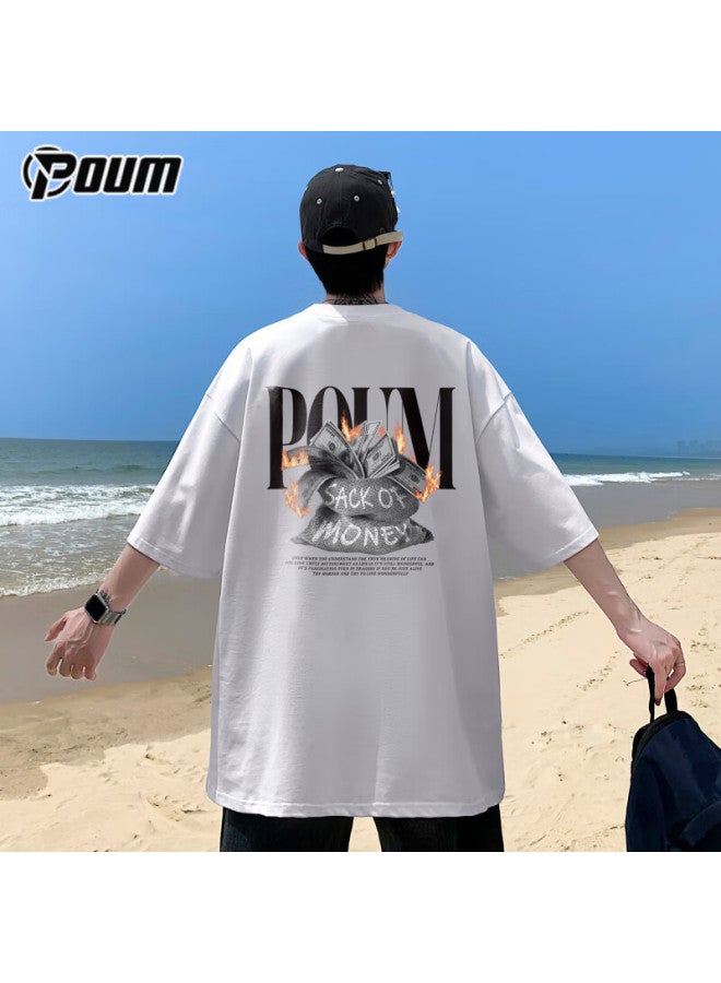 Poum American-style Short-sleeved Men's And Women's Summer Trendy Loose Casual Thin Cotton T-shirt Ph03 White L - Image 1