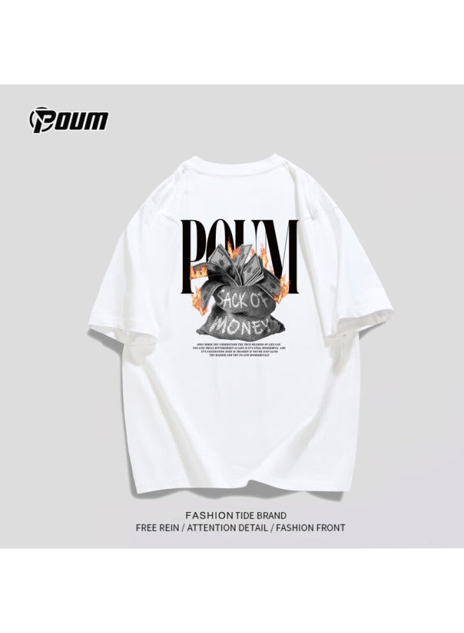 Poum American-style Short-sleeved Men's And Women's Summer Trendy Loose Casual Thin Cotton T-shirt Ph03 White L - Image 4