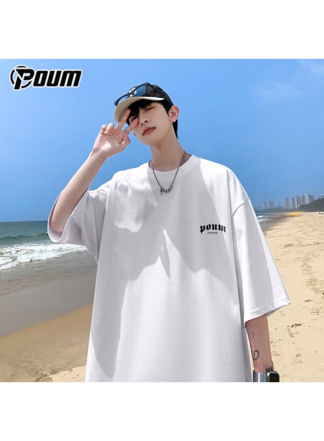 Poum American-style Short-sleeved Men's And Women's Summer Trendy Loose Casual Thin Cotton T-shirt Ph03 White L - Image 2
