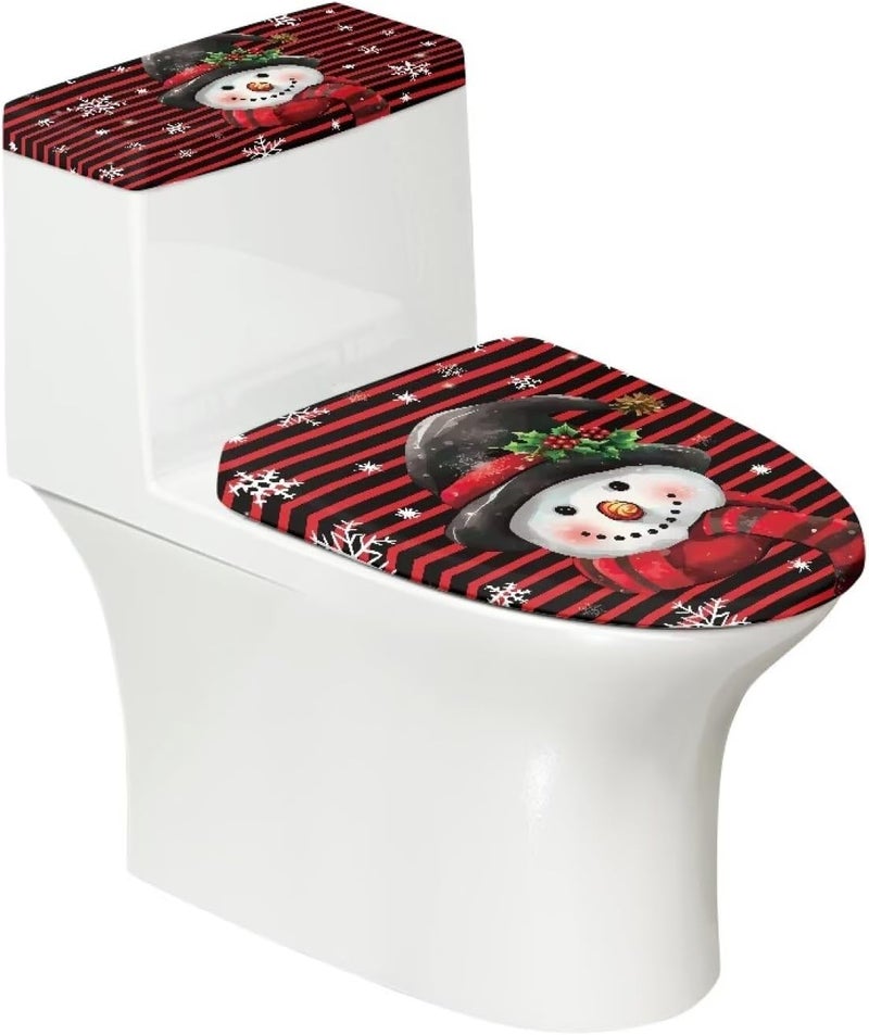 Vanideaoty Snowman Toilet Seat Lid Cover Bathroom Toilet Lid Protector 2 Set Red Stripe Toilet Tank Lid Dust Cover Standard Toilet Lids for Bathroom Decor Toilet Bowl Cover - Image 1