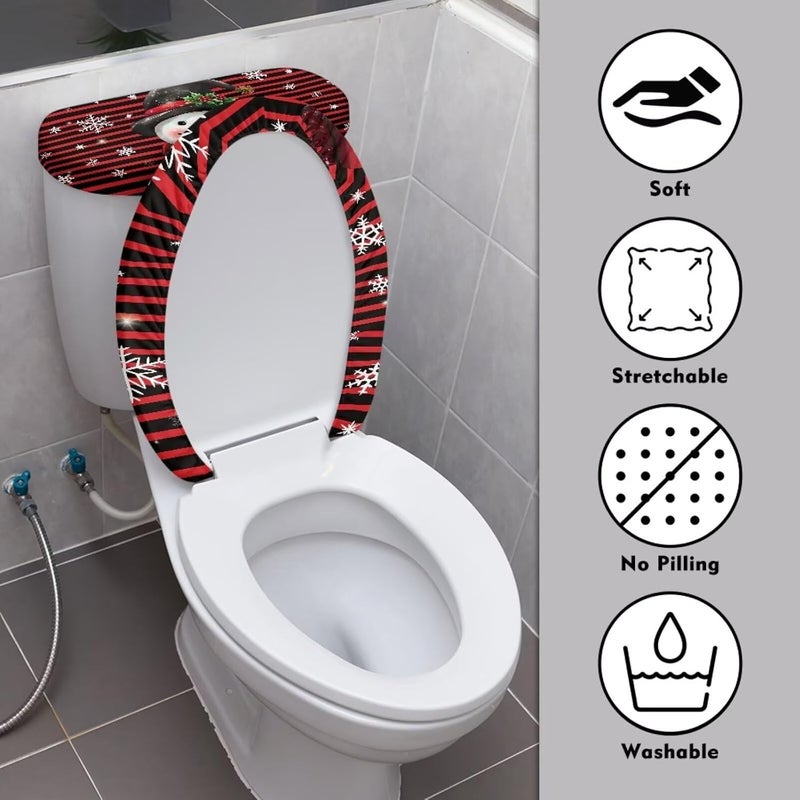 Vanideaoty Snowman Toilet Seat Lid Cover Bathroom Toilet Lid Protector 2 Set Red Stripe Toilet Tank Lid Dust Cover Standard Toilet Lids for Bathroom Decor Toilet Bowl Cover - Image 3