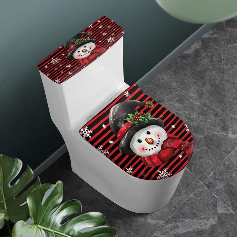 Vanideaoty Snowman Toilet Seat Lid Cover Bathroom Toilet Lid Protector 2 Set Red Stripe Toilet Tank Lid Dust Cover Standard Toilet Lids for Bathroom Decor Toilet Bowl Cover - Image 2