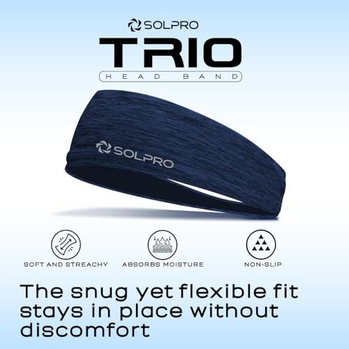 Solpro Trio Head Band (Pack of 3) | Sweat-Wicking, Non-Slip Bands for Workouts & Sports (Black/Blue/Grey) - Image 2