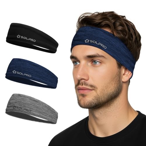 Solpro Trio Head Band (Pack of 3) | Sweat-Wicking, Non-Slip Bands for Workouts & Sports (Black/Blue/Grey) - Image 1
