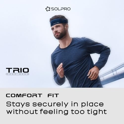 Solpro Trio Head Band (Pack of 3) | Sweat-Wicking, Non-Slip Bands for Workouts & Sports (Black/Blue/Grey) - Image 4
