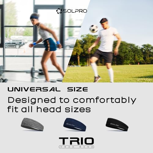 Solpro Trio Head Band (Pack of 3) | Sweat-Wicking, Non-Slip Bands for Workouts & Sports (Black/Blue/Grey) - Image 5