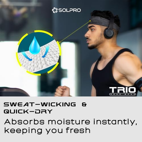 Solpro Trio Head Band (Pack of 3) | Sweat-Wicking, Non-Slip Bands for Workouts & Sports (Black/Blue/Grey) - Image 3