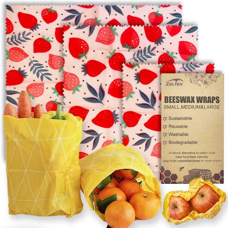 Zelten Beeswax Reusable Food Wraps - (3 Packs, 3 Sizes S,M,L) Plastic and Silicone Free, Eco-friendly Wrap, Wax Paper for Food,Strawberry - Image 1