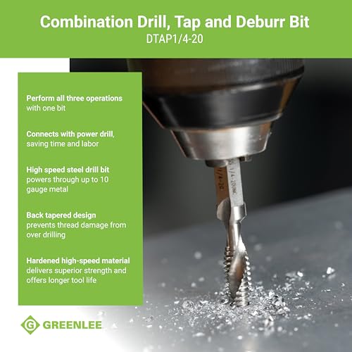 Greenlee DTAP1/4-20 Combination Drill/Tap Countersink Drill Bit for up to 10-Gauge Metal, Combination Drill, Tap, and Deburr Bit with Quick Change Hex, 1/4-20 NC - Image 3