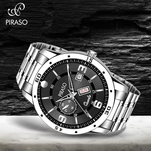 PIRASO Analog Day and Date Working Display Black DIAL & Silver Chain Watch for Men & Boys - Image 5