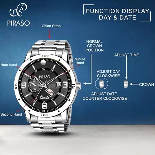 PIRASO Analog Day and Date Working Display Black DIAL & Silver Chain Watch for Men & Boys - Image 4