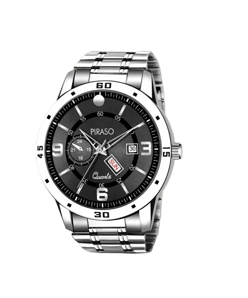 PIRASO Analog Day and Date Working Display Black DIAL & Silver Chain Watch for Men & Boys - Image 1