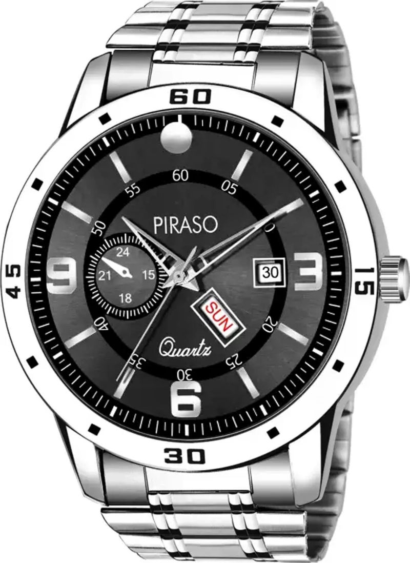 PIRASO Analog Day and Date Working Display Black DIAL & Silver Chain Watch for Men & Boys - Image 2