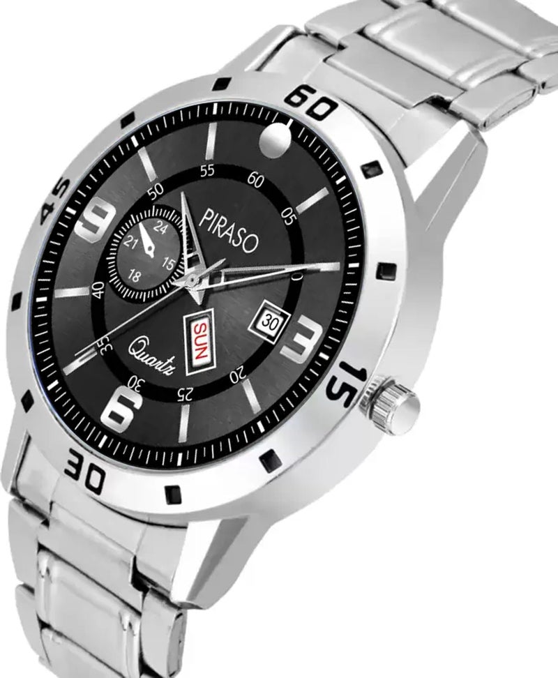 PIRASO Analog Day and Date Working Display Black DIAL & Silver Chain Watch for Men & Boys - Image 3