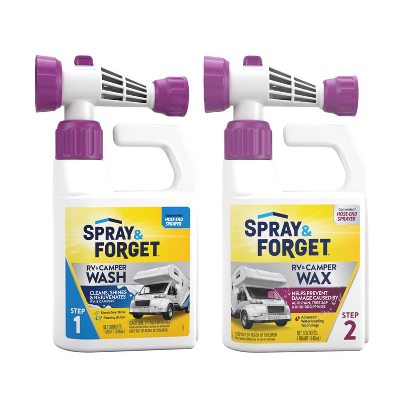 Spray & Forget سبراي وفورجيت لغسيل وتلميع المركبات الترفيهية والكرفانات، يشمل غسيل المركبات الترفيهية والكرفانات (1 لتر) وتلميع المركبات الترفيهية والكرفانات (1 لتر) مع محولات نهاية خرطوم جاهزة للاستخدام - Image 1