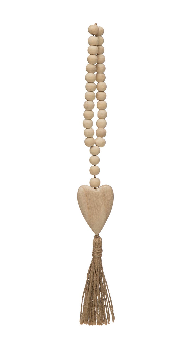 Creative Co-op Creative CoOp Paulownia Wood Beads with Heart Pendant  Jute Tassel 