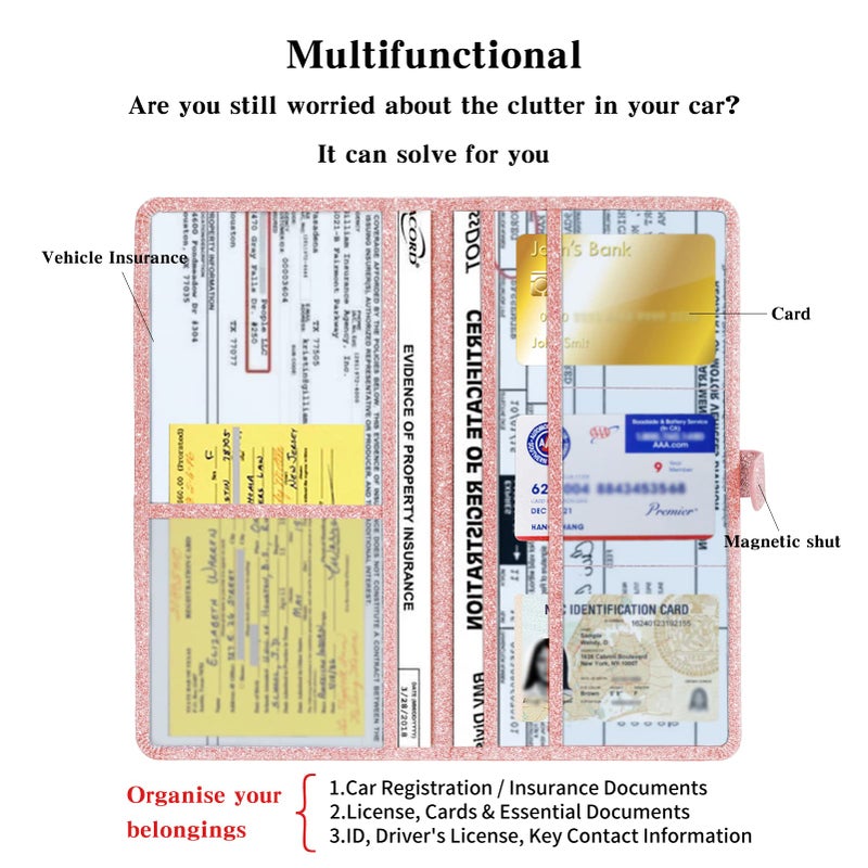 TILDOSAC Car Registration & Insurance Card Holder Leather Auto Glove Box Organizer Document Wallet with Magnetic Shut (Glitter Rose, large) - Image 2