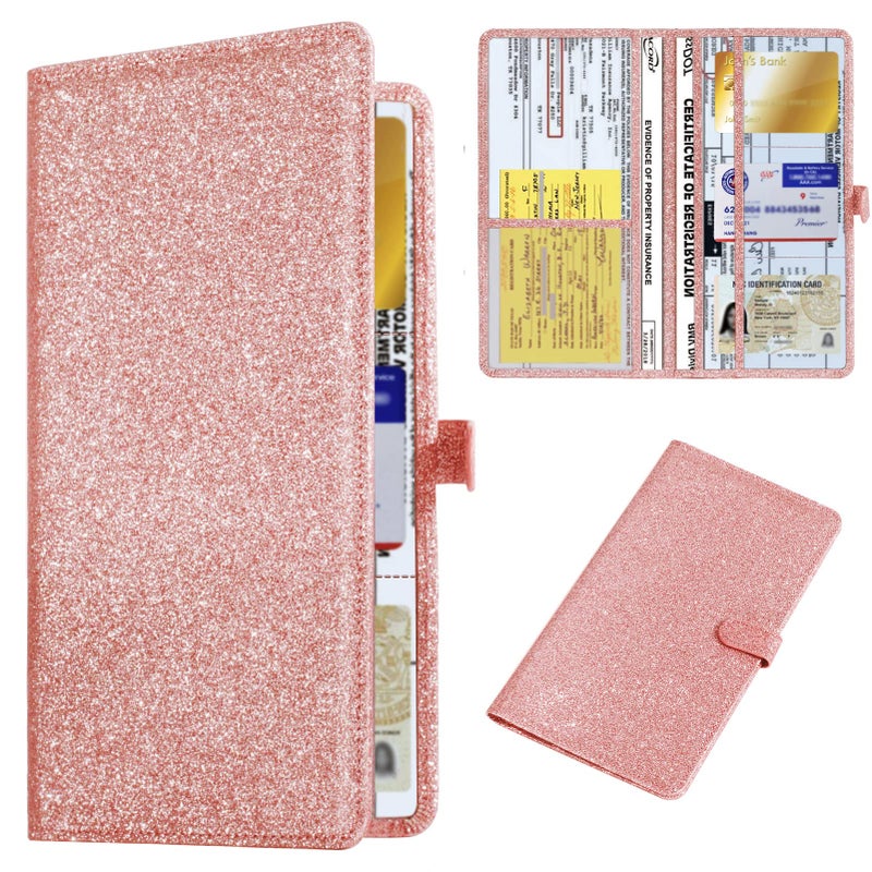 TILDOSAC Car Registration & Insurance Card Holder Leather Auto Glove Box Organizer Document Wallet with Magnetic Shut (Glitter Rose, large) - Image 1